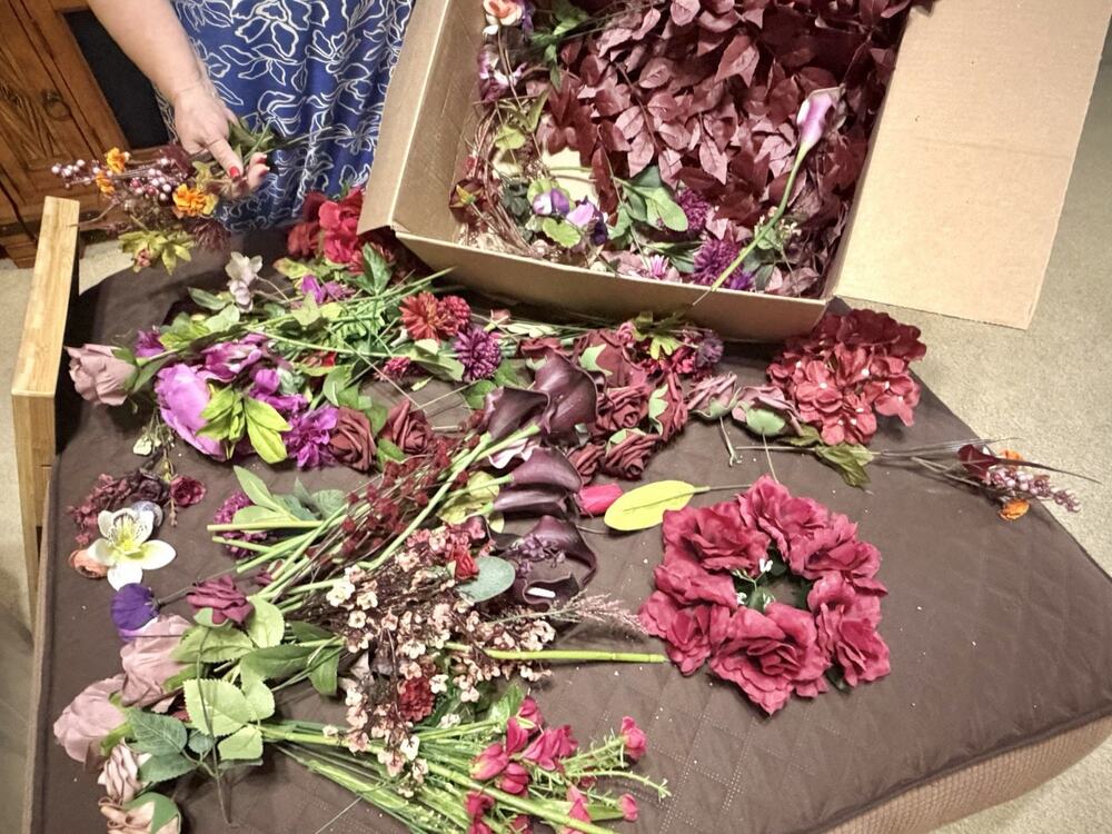 Large Lot / Box of Miscellaneous Artificial Silk Flowers - Burgundy Shades
